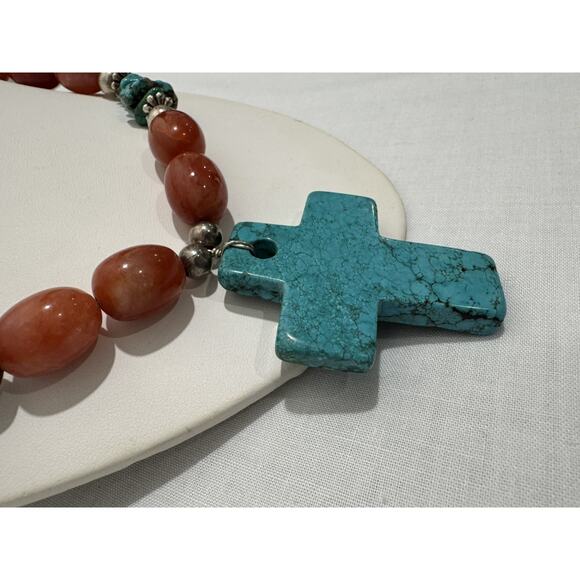 Solid Turquoise Cross Necklace Coral and Sterling Nuggets Heishi Beads 22" 114 g - Picture 13 of 13